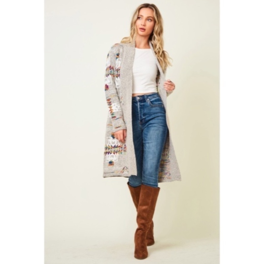 SOLD OUT Oatmeal Rainbow Multi Colored Aztec Tribal Jacquard Open Knit Cardigan - Picture 6 of 10
